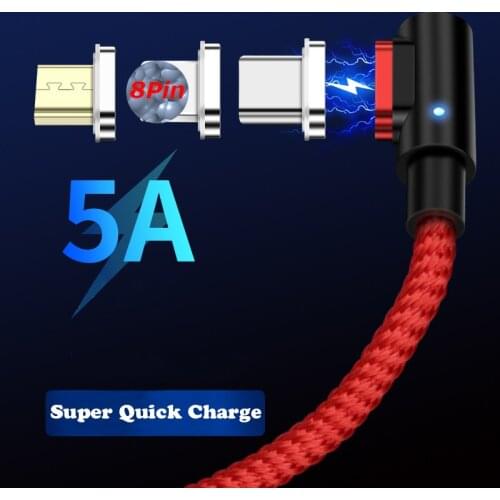 5A Magnetic USB Cable Super Fast Charging USB-C Micro USB Charging Wire 90 Degree Phone Magnet Charger Support Data Transfer