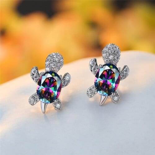 Mystic Rainbow Oval Stone Cute Turtle Stud Earrings For Women Wedding Jewelry Vintage Fashion Multicolor Crystal Zircon Earrings