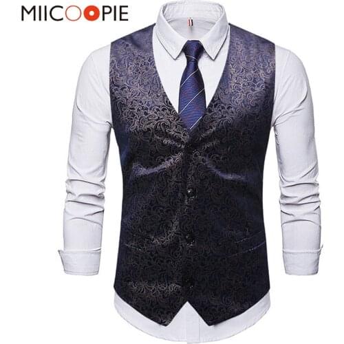 Mens Single Breasted Waistcoat Fashion Bronzing Floral Print Wedding Dress Suit Vest Men Busienss V-Neck Sleeveless Gilet Uomo