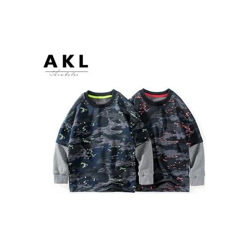 2021 Autumn and Winter New Korean Boy Long-sleeved T Shirt Big Childrens Camouflage Fake Two-piece Top Tees Baby Boys Clothes