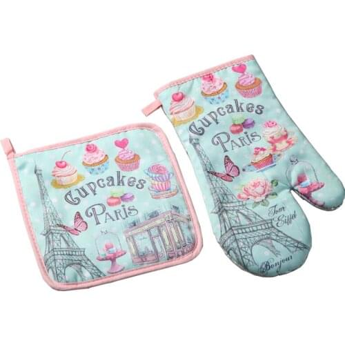 Cupcakes Paris Potholders Oven Mitts Microwave Baking Gloves Insulation Gloves and Mat Polyester Kitchen Gloves for Cooking