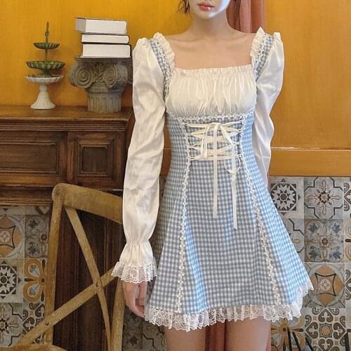 Square collar tie dress female design sense spring waist slimming blue plaid lace dresses japanese style