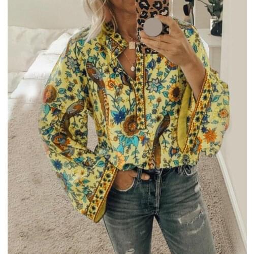 Casual Women Blouse Shirt Vintage Peacock Floral Print Buttons Autumn Female Blusas Loose Flared Sleeve Lady Blouses Top