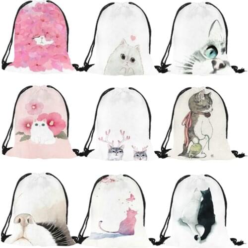 Watercolor Printed Lovely Pink Cat Kitten Handmade Drawstring Backpack Women Men Shopping Sports Casual Outdoor String Bag