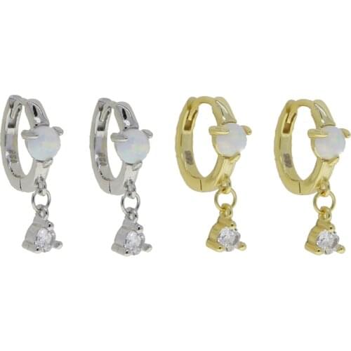 Real 925 Sterling Silver opal stone paved Dangle Hoops cz Thin Huggies With Charms Loops Circle Clips Earrings Jewelry For Women