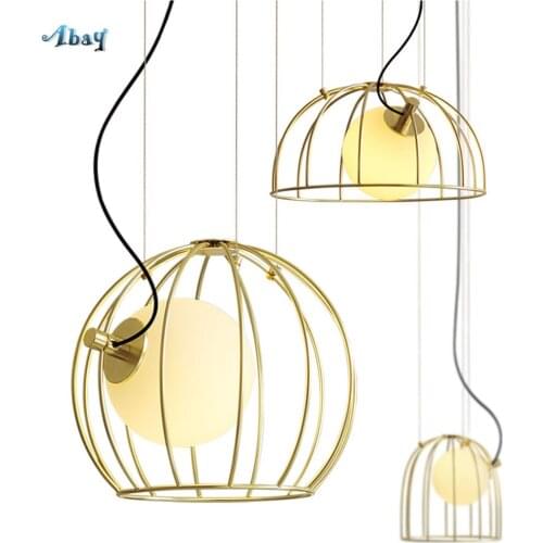 Nordic Iron Art Gold Bird Cage Pendant Lights Living Room Decoration Dining Room Lights Home Deco Glass Hanging Lamp Led Fixture