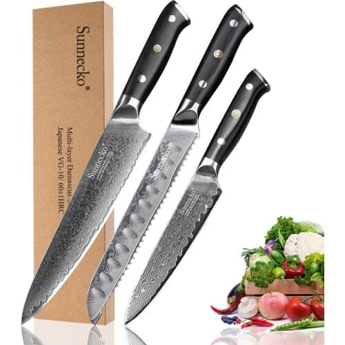 SUNNECKO High Quality Chef Bread Utility Knife Damascus Steel Japanese VG10 Kitchen Knives G10 Handle 3PCS Kitchen Knives Set