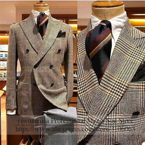 Tweed Wool Houndstooth Wide Peaked Coat Lapel Double Breasted Jacket 2021 Brown Herringbone Mens Sutis Wedding Blazer Grey Pants