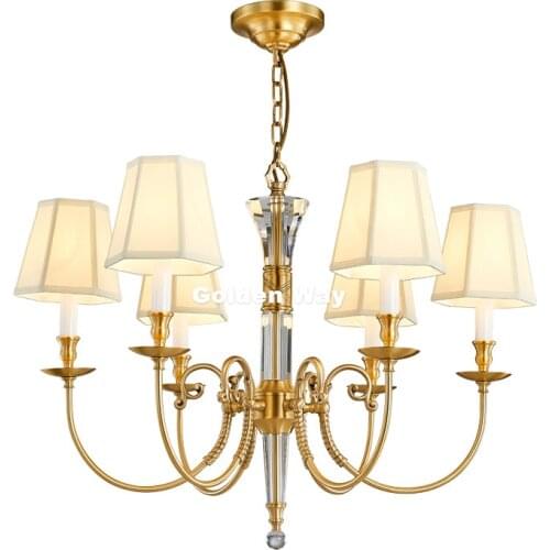 Nordic Copper Pendant Lamp D75cm 6L Vintage Restaurant Bar Cafe Crystal Lamp Creative Living Room Fabric Lampshade Pendant Light