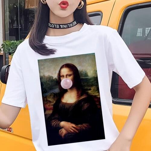 Spoof Mona Lisa Bubble Gum Printed T-shirt Summer Womens Fashion Streetwear Harajuku Short-sleeved White Tshirt Female Tops Tee