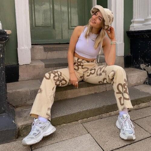 Floral Print Panelled Jeans For Wome High Waist Straight Wide Leg Pants Boyfriend Mom Baggy Jeans Full Length Casual Trousers