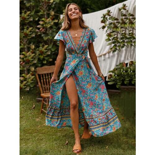 Summer Dress Indie Folk Women Sexy Printed Bow Holiday Beach Wrap Dresses V-Neck Boho Dress Elegant Party Sundress