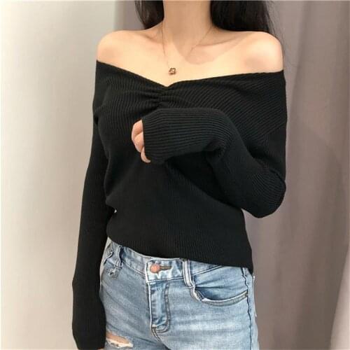 2021 Sexy V Neck Women for Sweater Winter Autumn Knitted Pullover Chic Soft Slim Long Sleeve Sweater Female Black Top