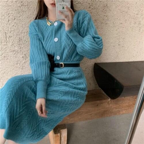 Women Autumn Winter Elegant Blue Twist Knitted Slim Two Piece Set Single Breasted Sweater +High Elastic Waist Skirt