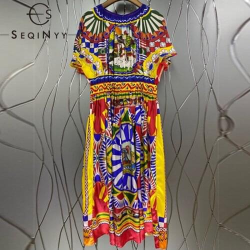 SEQINYY 100% Silk Dress Women Fashion Vintage Printed Pleat Color Matching Short Sleeve Casual Sicily Style High Quality