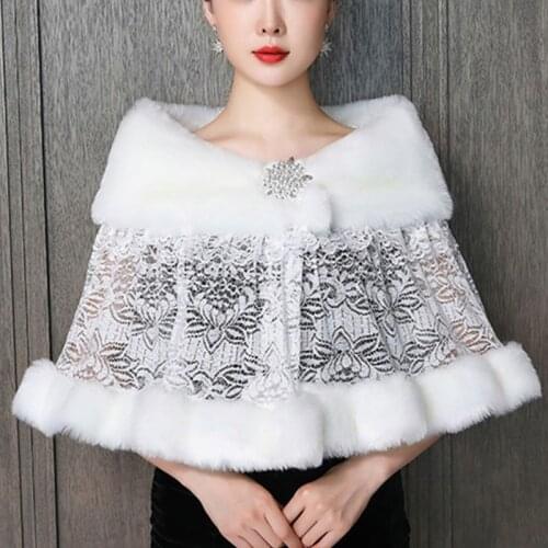 Women Winter Wedding Dress Scarf Stoles Warm Shawl Wrap Fluffy Plush Splicing Bridal Bolero Crochet Floral Lace Prom Party Cover