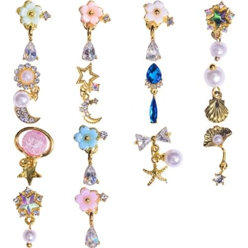 10PCS/LOT Nail Art Pearl Crystal Stud 14-Style (Je415-428) Metal Chain Dangle Crystal Rhinestone Nail Art Jewelry Decor Crystals