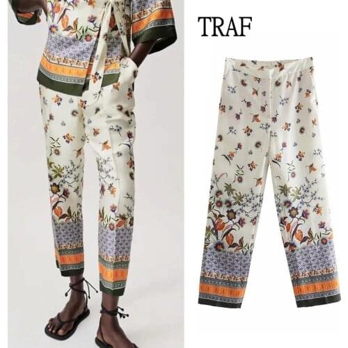 TRAF Za Womens Pants 2021 Fashion Print Elastic High Waist Pants Women Y2k Pants Vintage Boho Women Clothing Casual Trousers