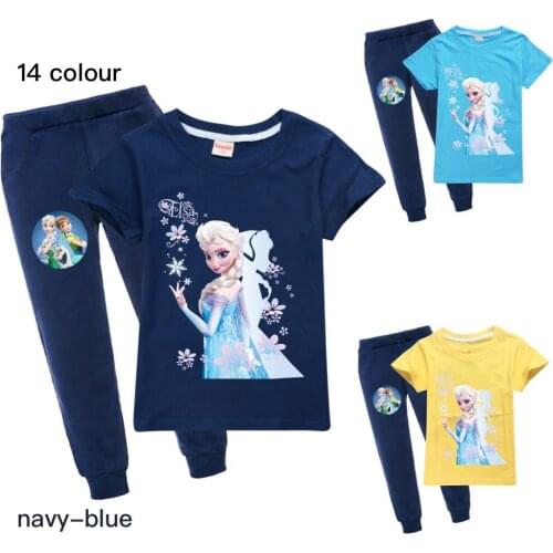 2021 Disney Elsa Color Childrens Casual Cotton Sweatshirt Set Girls Short Sleeve T-shirt+Royal Blue Pants Boys Sweatshirt Set