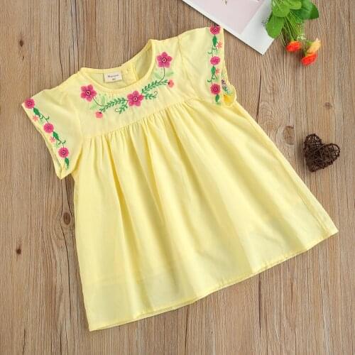 Kids Girls Short Sleeve Flower Embroidery Dress Summer Stylish Dress for Children Girls Folk Style