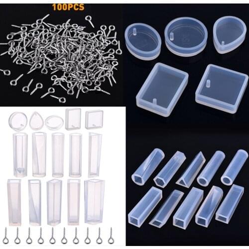 15pcs New Crystal Geometric Silicone Resin Molds Jewelry Making Pendant Mould + 100pcs Metal Alloy Eye Screws DIY Kit
