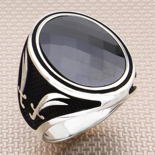 Sword Design Sterling Silver Stone Ring 925 For Men Natural Black And Zircon Stones Handmade Turkish Jewelry