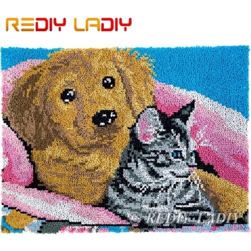 Latch Hook Kits Dog with Kitten DIY Carpet Rug Lush Tapestry Kits Chunky Yarn Knitted Floor Mat Crochet Cushion Crafts 81*61cm