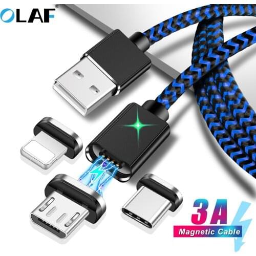 OLAF 3 in 1 LED Magnetic USB Cable For iPhone Micro USB Type C Magnet Cable 3A Fast Charging Sync Data Cables Quick Charge Cord