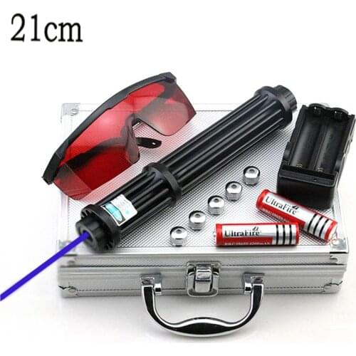 Powerful Burning 21cm Blue Laser Torch 445nm 10000m Laser Torch 450nm Focusable Flashlight Burn Match With 5 Star Cap