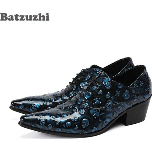 6.5cm Heel Men Shoes Italian Style Luxury Handmade Genuine Leather Shoes Men Pointed Toe Lace-up Blue Skulls Party Dress Shoes