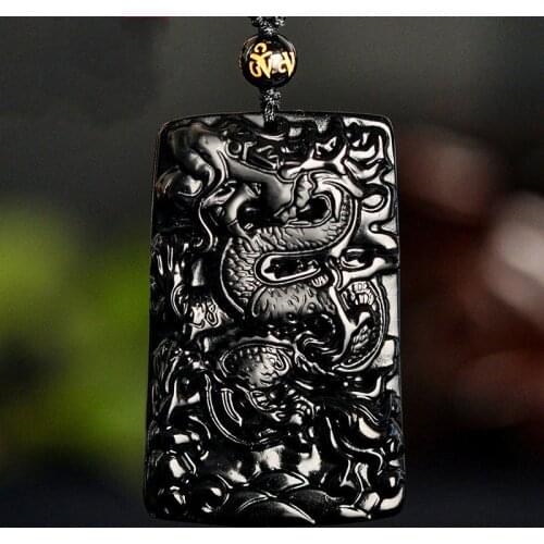 Natural Black Obsidian Dragon Jade Pendant Necklace Hand-Carved Chinese Fashion Jewelry Charm Amulet Accessories for Men Gifts