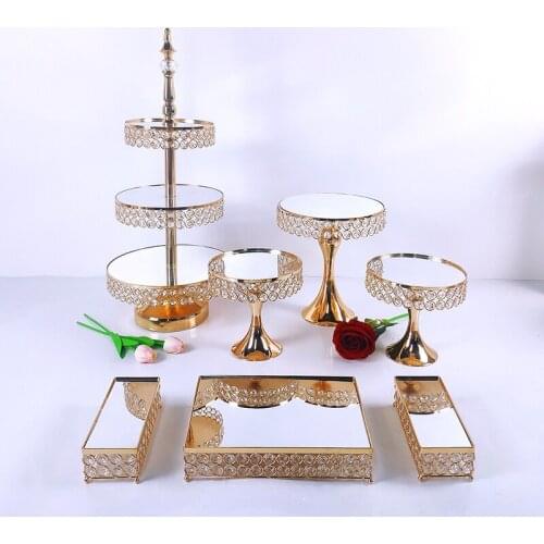 1-14pcs Crystal Metal Cake Stand Set Acrylic Mirror Cupcake Decorations Dessert Pedestal Wedding Party Display Tray