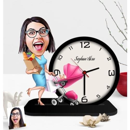 Personalized Housewife Mother Caricature Of Wooden Desktop clock-1
