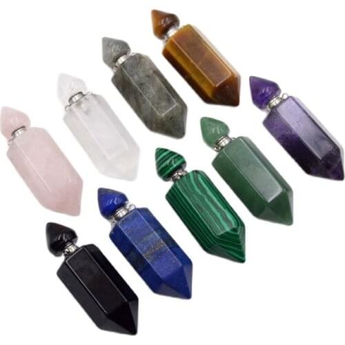 Gems-stone Hexagon prism Perfume Bottle Pendant essential oil diffuser stainless steel Chakra Crystal quartzs vial for necklace