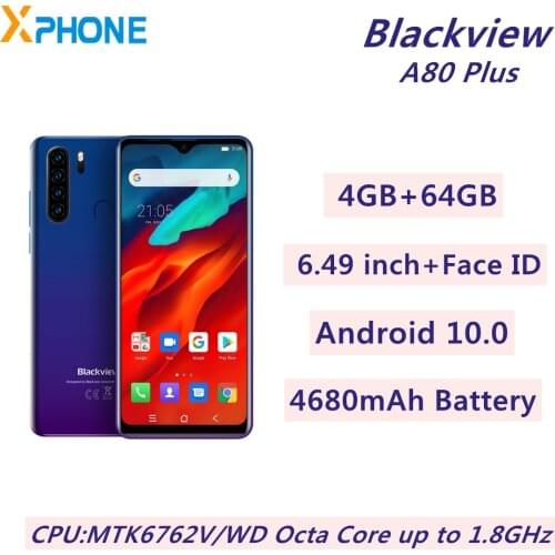 Blackview A80 Plus Smartphone 4GB 64GB Quad Rear Camera 4680mAh 6.49 inch Android 10.0 MTK6762V/WD 4G Network Support NFC