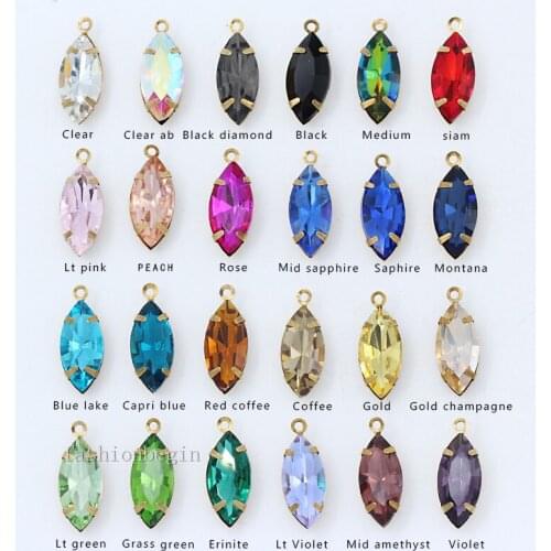 Navette crystal rhinestones Faceted 1-loop brass Framed glass pendants necklace connectors Bracelet diy clothing accessories