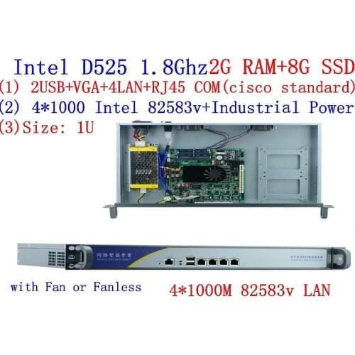 Advanced industrial network firewall router with 4*intel 82583v Gigabit LAN Atom D525 support ROS Mikrotik PFSense 2G RAM 8G SSD