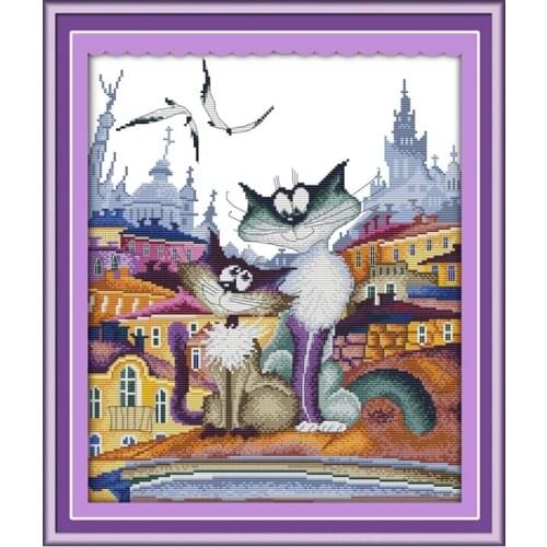 A Gorgeous City Cat Printed Cross Stitch Kits Counted Canvas Embroidery Sets 14CT 11CT DIY Handmade Needlework Crafts Home Decor