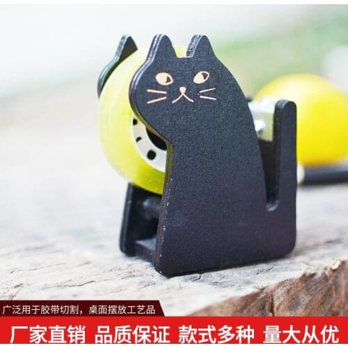 Vintage Wooden Tape Dispenser Cute Cartoon Cat Roller Tape Cutter Sealing Washi Tape Holder Manual Packing Tool Office Accessory