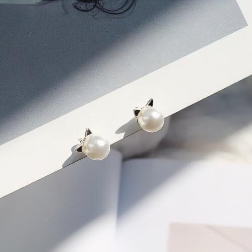 Silver Plated & Black Cat Ear White Simulated Pearl Women Cute Stud Earrings