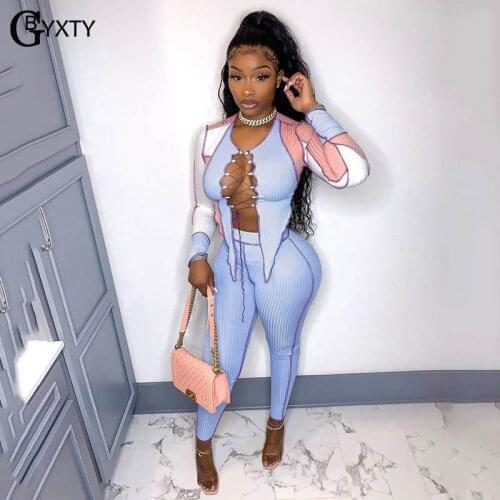 GBYXTY Autumn Outfits Sexy Front Hollow Out Lace Up Crop Tops and Pencil Pants 2 Piece Tracksuit Set Women Ribbed Suit ZL1305