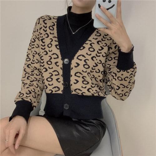 Woman Sweaters Cardigan Autumn Leopard Print Pattern Loose V-neck Sneaky Design Long Sleeve Knitwear Coat Sueters De Mujer
