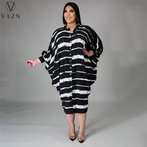 VAZN 2021 Autumn Plus Size High-end Chiffon Shirt Long Loose Dress Nature Office Lady Full Sleeve Women For Evening Robe