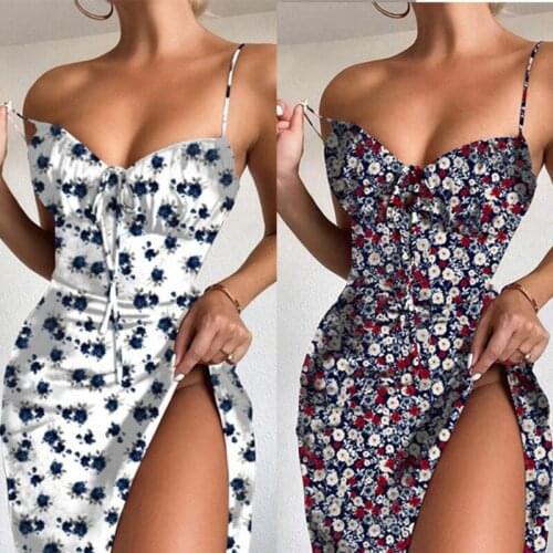Sexy Dress Women 2021 Vintage Chic Flroal Print Backless Sling Party Dress Boho Drawstring Summer High Split Long White Vestidos