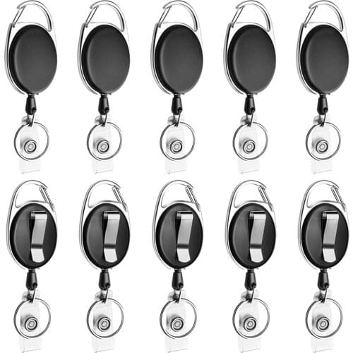 10 Pack Retractable Badge Reel with Carabiner Belt Clip and Key Ring for ID Card Key Keychain Badge Holder Black