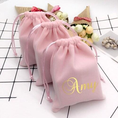 10pcs/lot Personalized Jewelry Pouches Gold Printing Custom Name Necklace Rings Organizer Bag Soft velvet jewelry Packing Bags