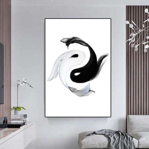 Abstract Black White Art Carp Canvas Painting Posters and Prints Wall Pictures Nordic Minimalist Living Room Home Decoration