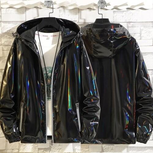 #7031 Black Sliver Shinny Jacket Men Bomber Jacket Korean Style Hip Hop Jacket Slim Men Jackets And Coats Streetwear Hooded Coat