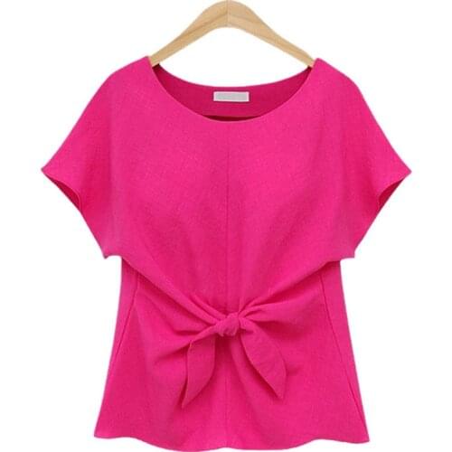 European and American Style Summer 2021 Plus Size Round Neck Waist White Chiffon Blouse Tops All-match Short-sleeved T-shirts