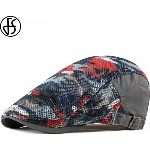 FS 2020 Unisex Casual Camouflage Beret Hat Breathable Mesh Cap Adjustable Flat Cap Black Army Green Summer Hat For Men Women